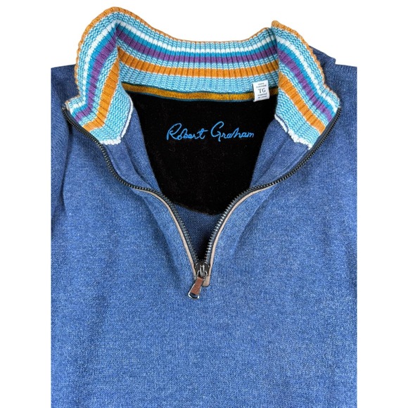 Robert Graham Sweater Mens XL Blue 1/4 Zip Mock Neck Cotton Pullover Stripe Trim - Picture 2 of 8